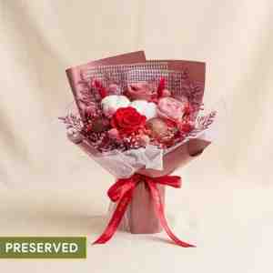 Rustic Crimson Preserved Rose  Cotton Bouquet - A beautifully preserved bouquet featuring a vibran