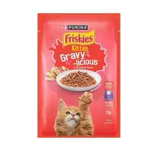 Friskies Kitten Gravy Chicken Pouch 70g - A balanced wet kitten food featuring tender chicke