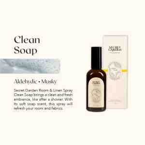 SECRET GARDEN ROOM  LINEN SPRAY CLEAN SOAP 100ML - Clean Soap Floral  Musky Secret Garden Room  Lin