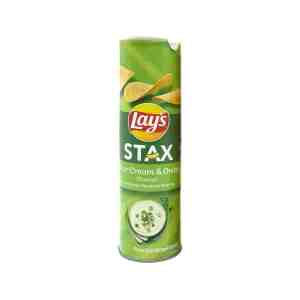 Lays Stax Sour Cream and Onion Potato Chips 100g - Thick, stackable crisps seasoned with a creamy sou