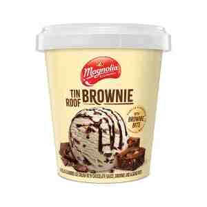 Magnolia Tin Roof Brownie Ice Cream Tub 750ml - Indulge in creamy vanilla ice cream swirled with r